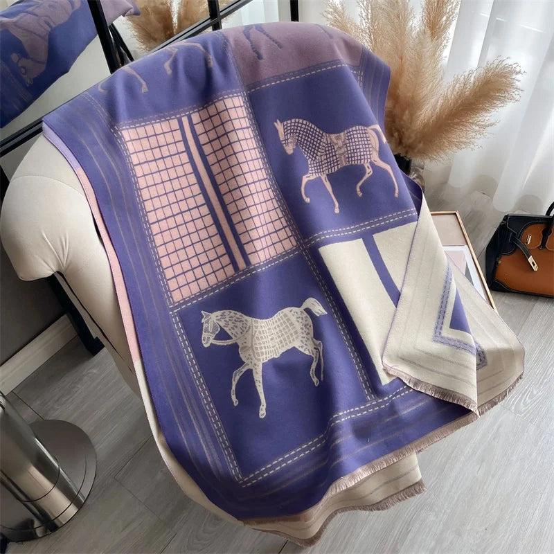Women's Soft Cashmere Pashmina Scarf 180 x 65 cm (71 x 25.6 in) Plaid Horse Print Tassel Wrap Shawl
