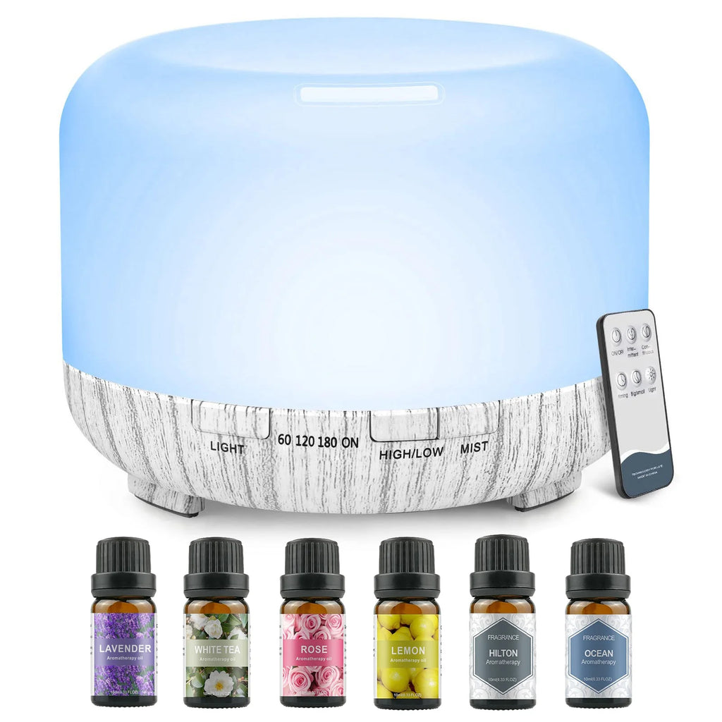500ml (16.9 fl oz) Aromatherapy Oil Diffuser + 6 x 10ml (0.34 fl oz) Essential Oil Set - Lavender, Rose, Jasmine, Lemon, Hilton, Ocean