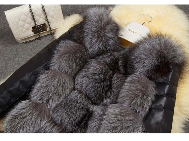 Women's Patchwork Faux Fox Fur Cardigan with Faux Leather Sleeves Thick Warm Streetwear Coat