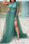 Plus Size One-Shoulder Mesh A-Line Maxi Dress with Split Hem — Floor-Length Wedding Guest & Cocktail Dress