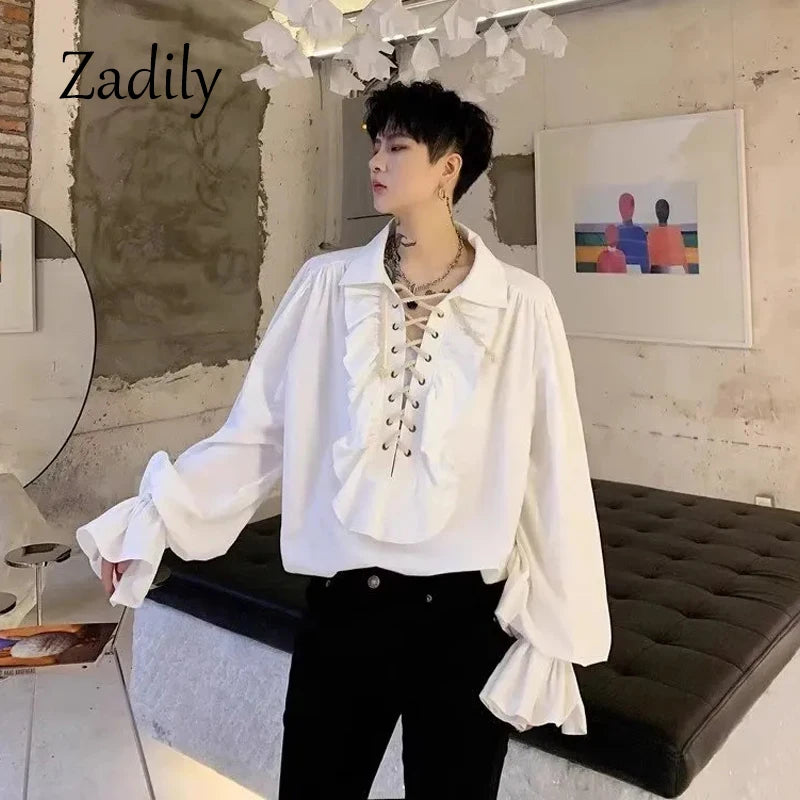 Victorian Gothic Renaissance Lace-Up Ruffled Blouse Women's Pirate Poet Medieval Top