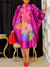 Plus Size 5XL Bohemian Floral Midi Dress V-Neck 3/4 Batwing Sleeve Loose Sundress