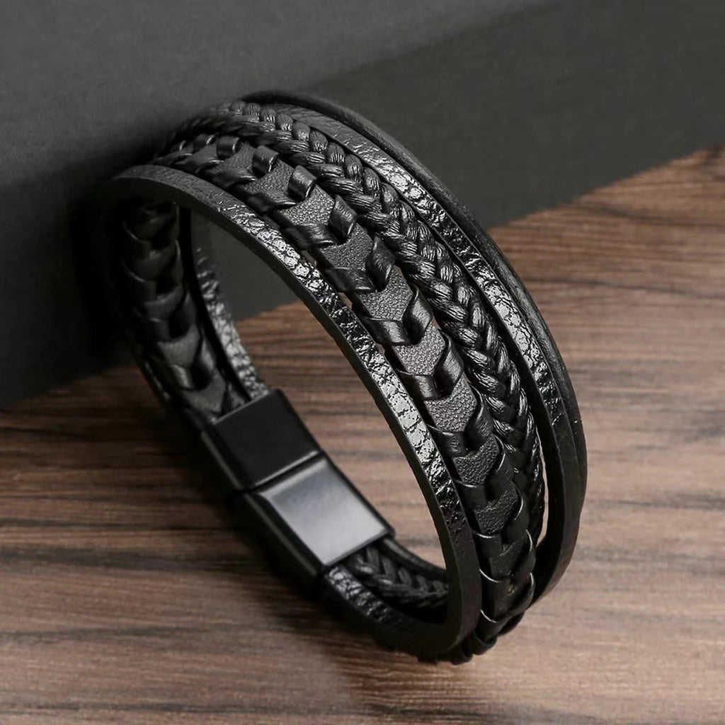 Men's Multi-Layer Leather Braided Bracelet with Alloy Magnetic Clasp - Vintage Wrap Bracelet 8.26 in (21 cm)