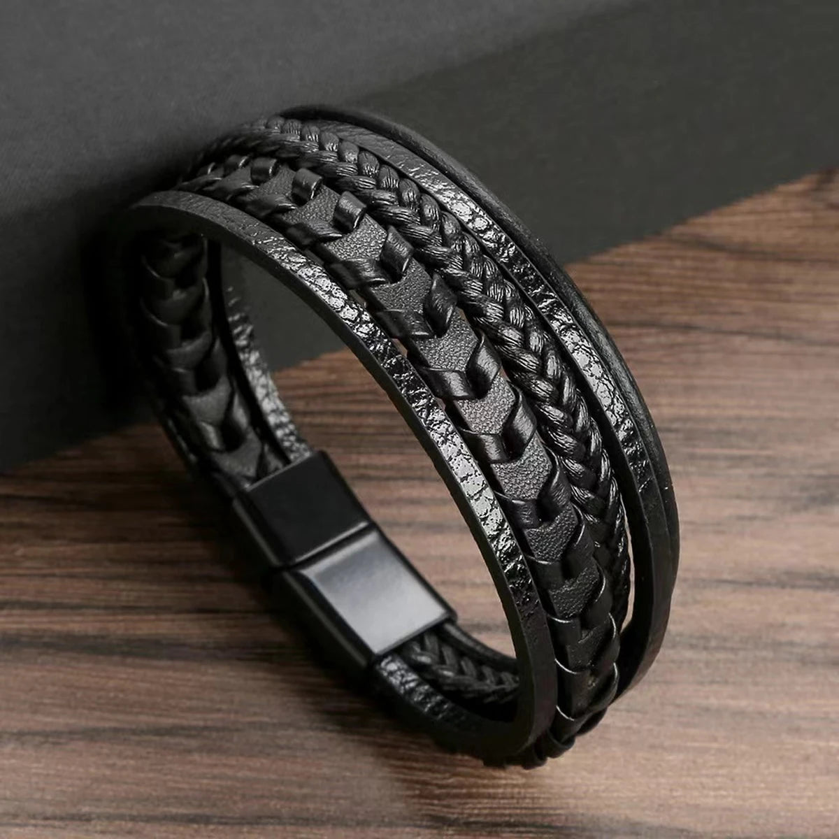 Men's Multi-Layer Leather Braided Bracelet with Alloy Magnetic Clasp - Vintage Wrap Bracelet 8.26 in (21 cm)