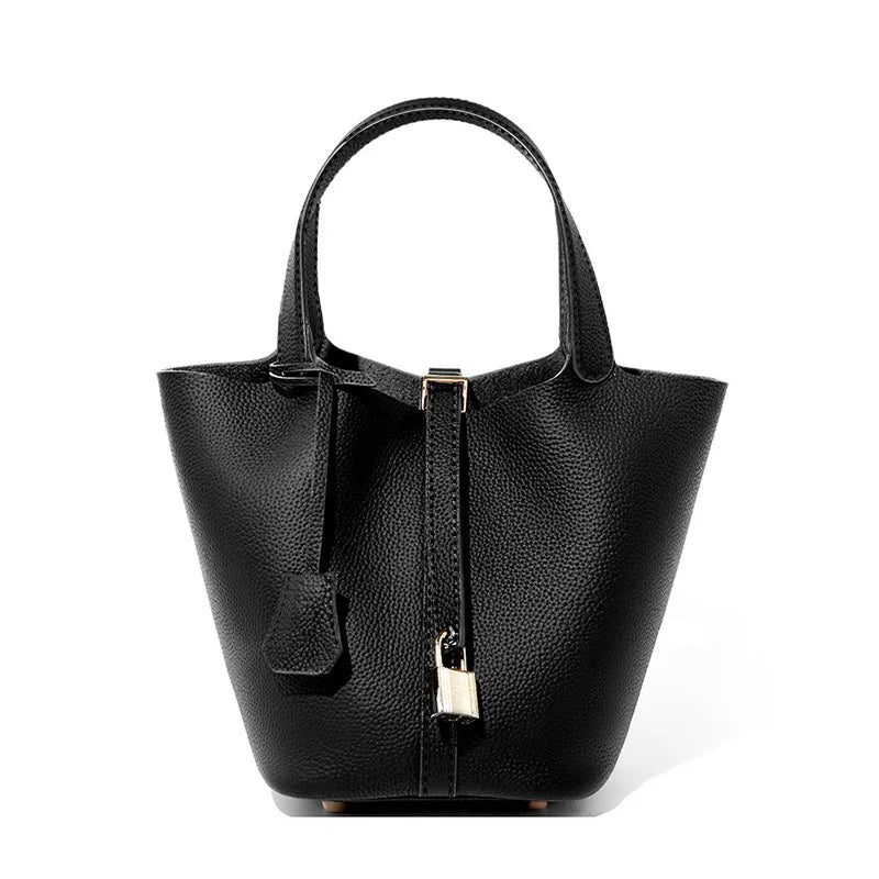Genuine Leather Litchi-Texture Mini Bucket Shoulder Bag with Lock - Soft Tote Handbag for Women