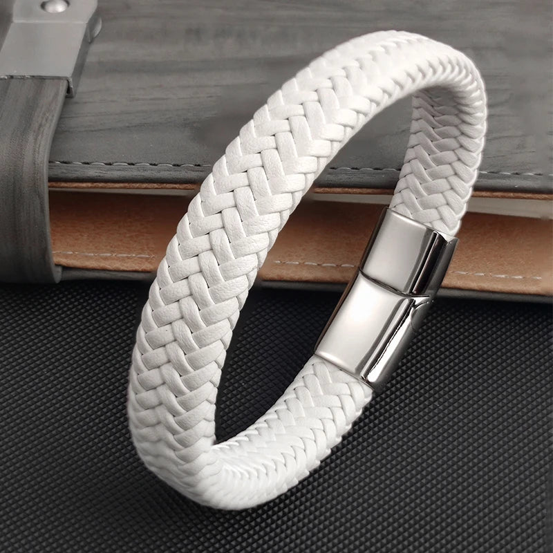 Men's White Braided Leather Bracelet with 316L Stainless Steel Double-Safety Magnetic Clasp — Sizes 18.5/20.5/22 cm (7.3/8.1/8.7 in)