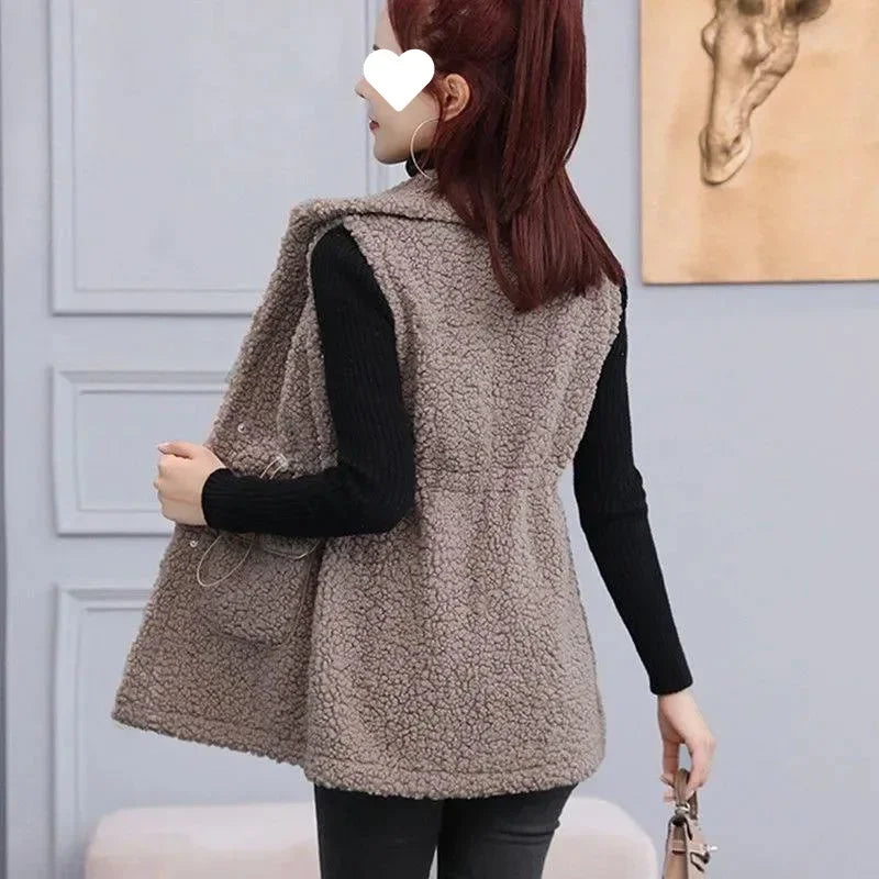 Women's Mid-Length Faux Sheepskin Vest - Faux Lambswool Fur Jacket with Integrated Shoulder Pads, Buttons & Pockets