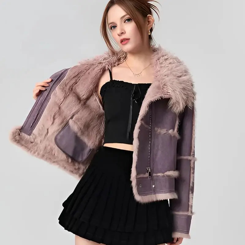 Women's Retro Short Faux Leather Fur Moto Biker Jacket with Zipper and Turn-Down Collar