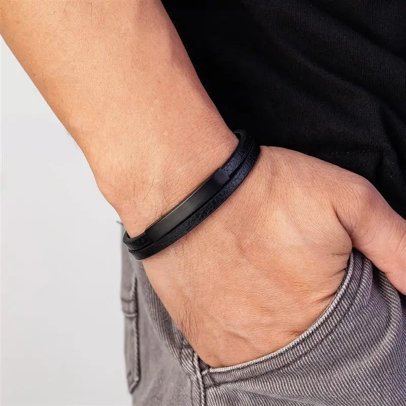 Men's Black Genuine Leather Double-Layer Braided Bracelet with Stainless Steel Accent – Sizes 18.5/20.5/22 cm (7.3/8.1/8.7 in)