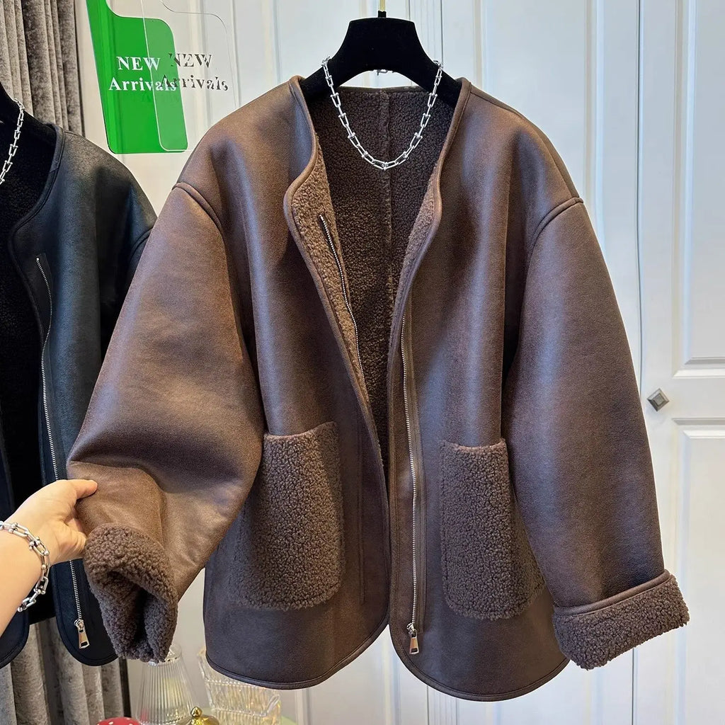 Women's Leather & Fur Splice Round-Neck Short Jacket – Loose Fit Autumn/Winter Coat