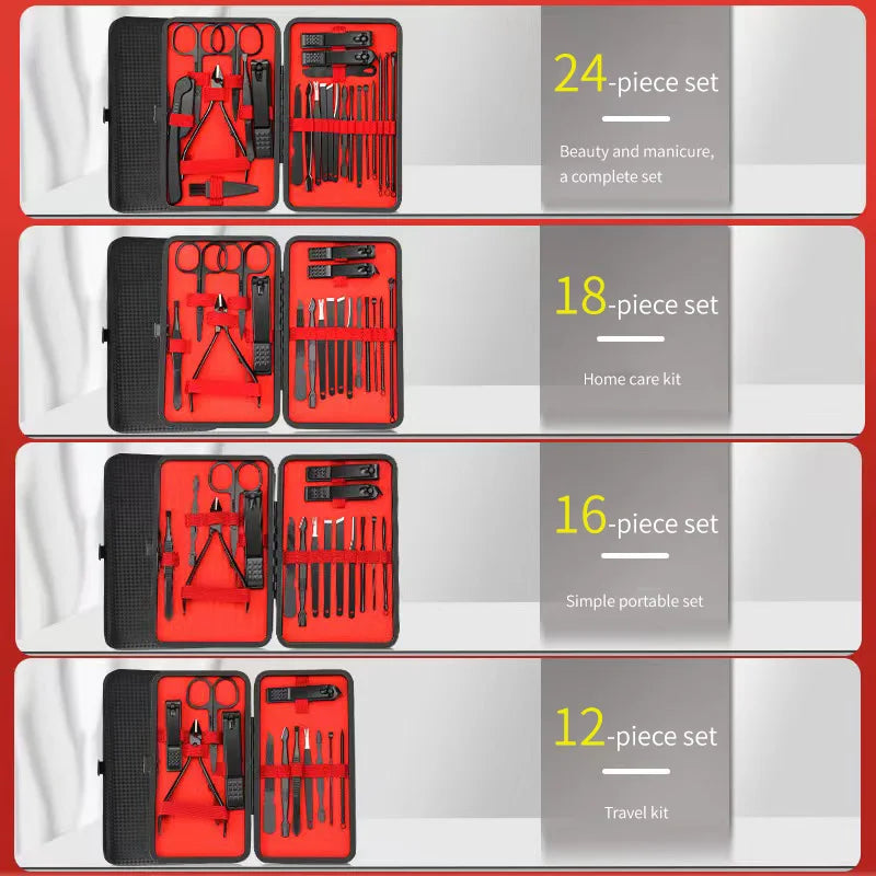 Black & Red Nail Clipper Set – Stainless Steel Manicure & Pedicure Tool Kit, Multi-Pack (4/7/10/12/16/18/24 Sets)