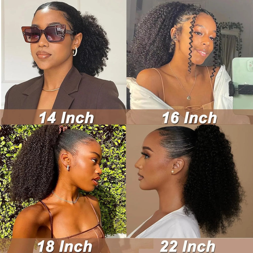 Afro Kinky Curly Drawstring Ponytail 10-24 Inch (25-61 cm) Brazilian Virgin Human Hair 4B/4C - Natural Black, 100g