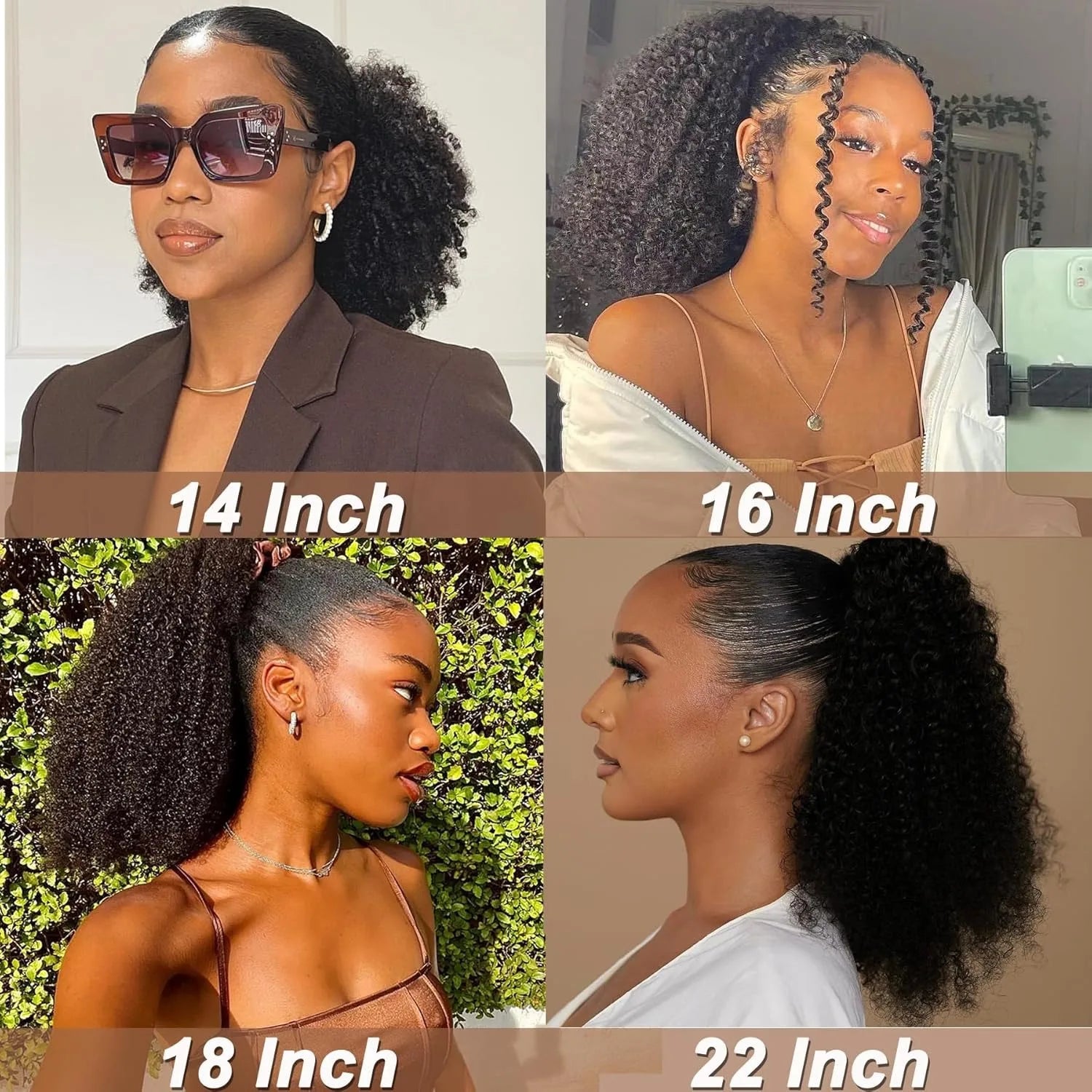 Afro Kinky Curly Drawstring Ponytail 10-24 Inch (25-61 cm) Brazilian Virgin Human Hair 4B/4C - Natural Black, 100g