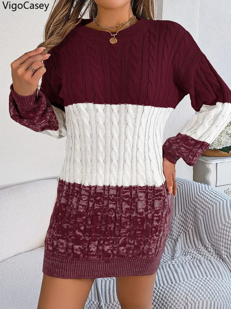 VigoCasey Patchwork Knit O‑Neck Ankle‑Length Long Sleeve Slim Dress for Women – Autumn/Winter Knit Dress