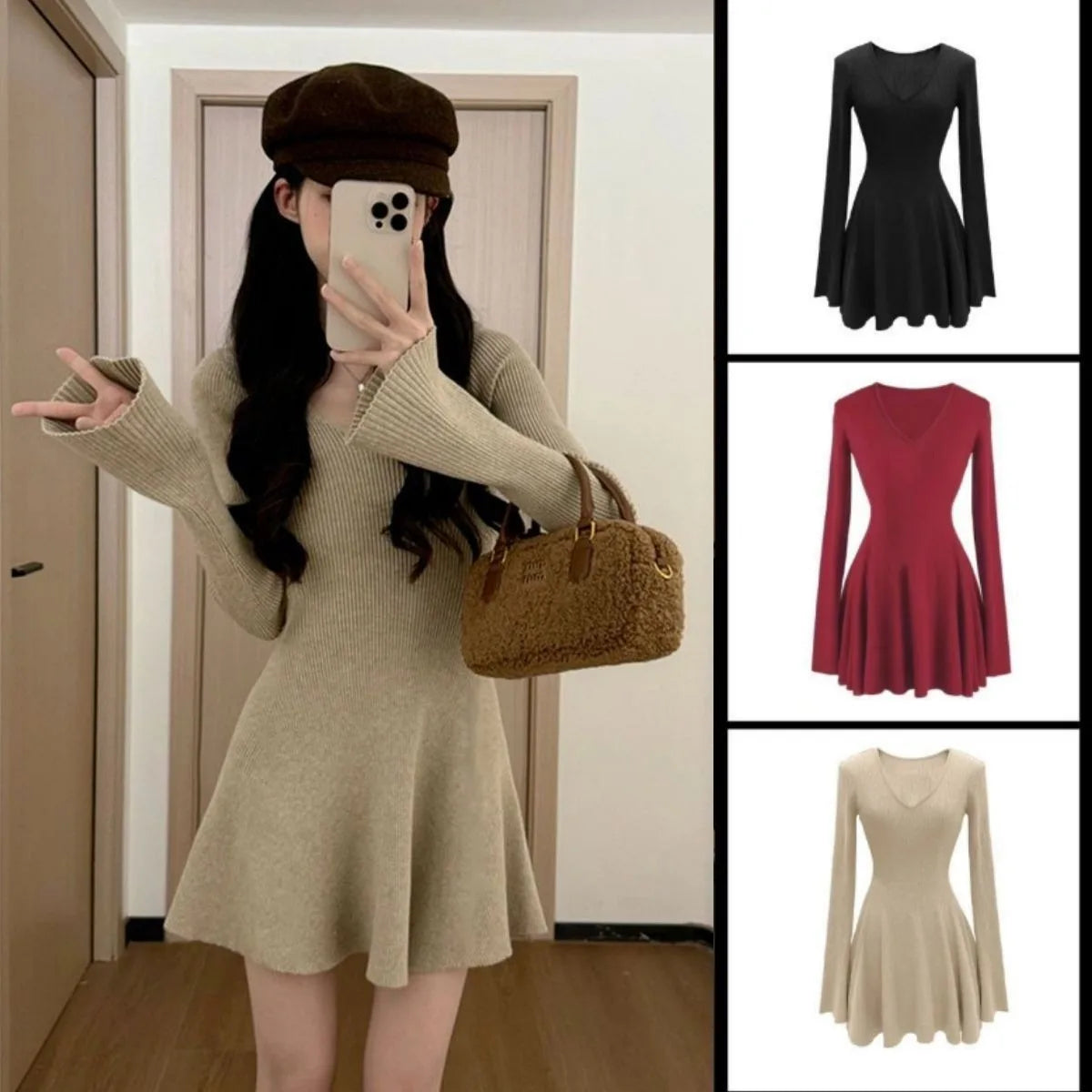 French V-Neck Ribbed Knit A-Line Mini Dress - Long Sleeve Autumn Winter Waist-Defining