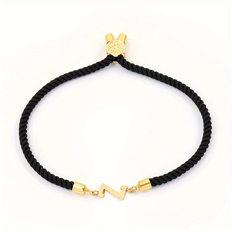 Black Letter Bead Rope Bracelet for Women – Simple Classic Hand-Knot Rope Jewelry with Stainless Steel Accent
