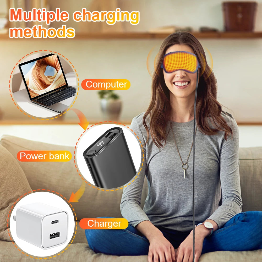 USB Heated Eye Massager Electric Eye Mask – Hot Compress & Vibration for Dark Circles, Relieves Eye Fatigue for Travel & Sleep