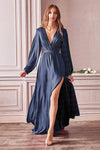Green Satin V-Neck Floor-Length Evening Gown with High Split and Full Sleeves, Bridal Ball Pageant Dress