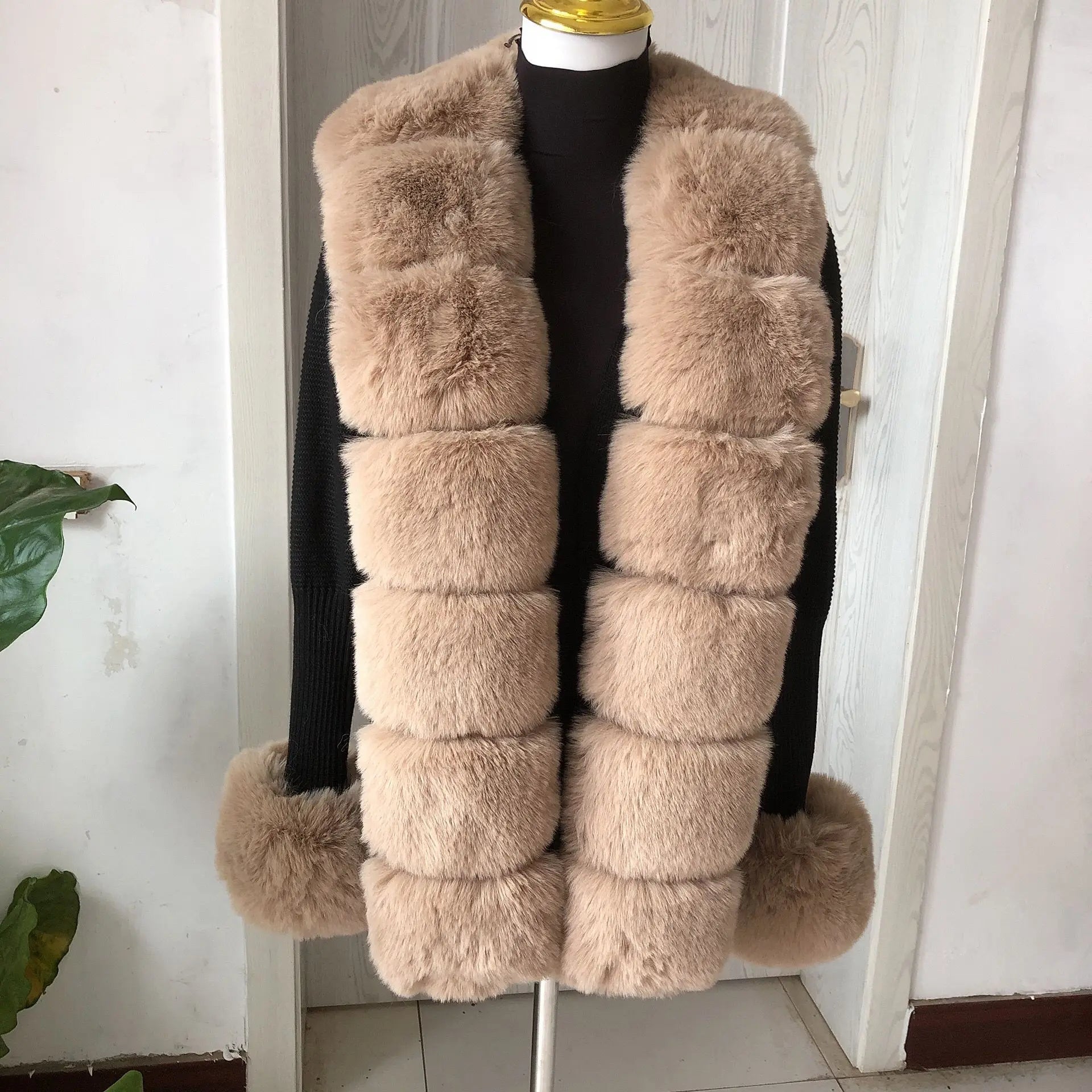 Women's Faux Fur Knit Cardigan with Faux Fox Fur Collar – Elegant Puff Sleeve Sweater Coat