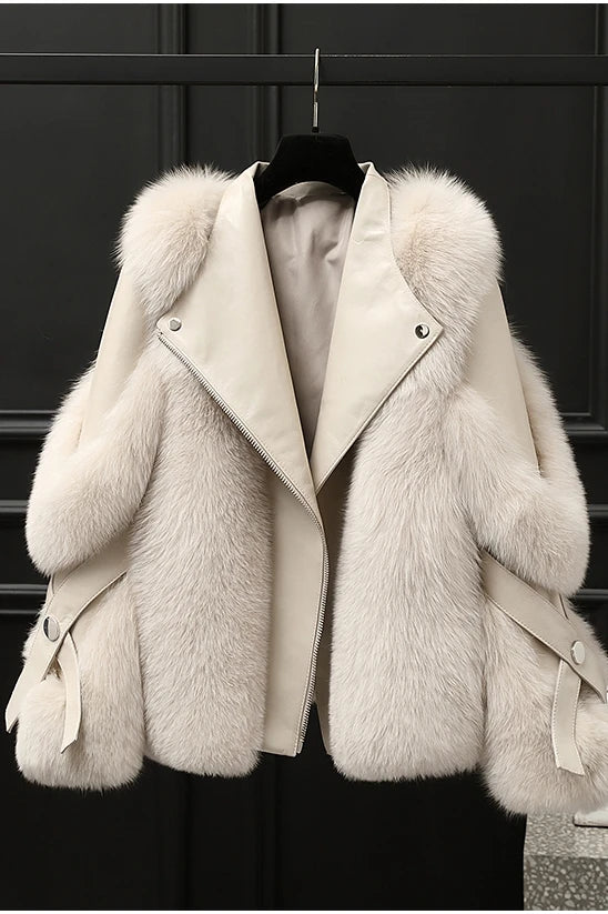 Women's Faux Fox Fur Short Coat - Casual Zip-Up Jacket with Turn-Down Collar, Wide-Waist Autumn/Winter