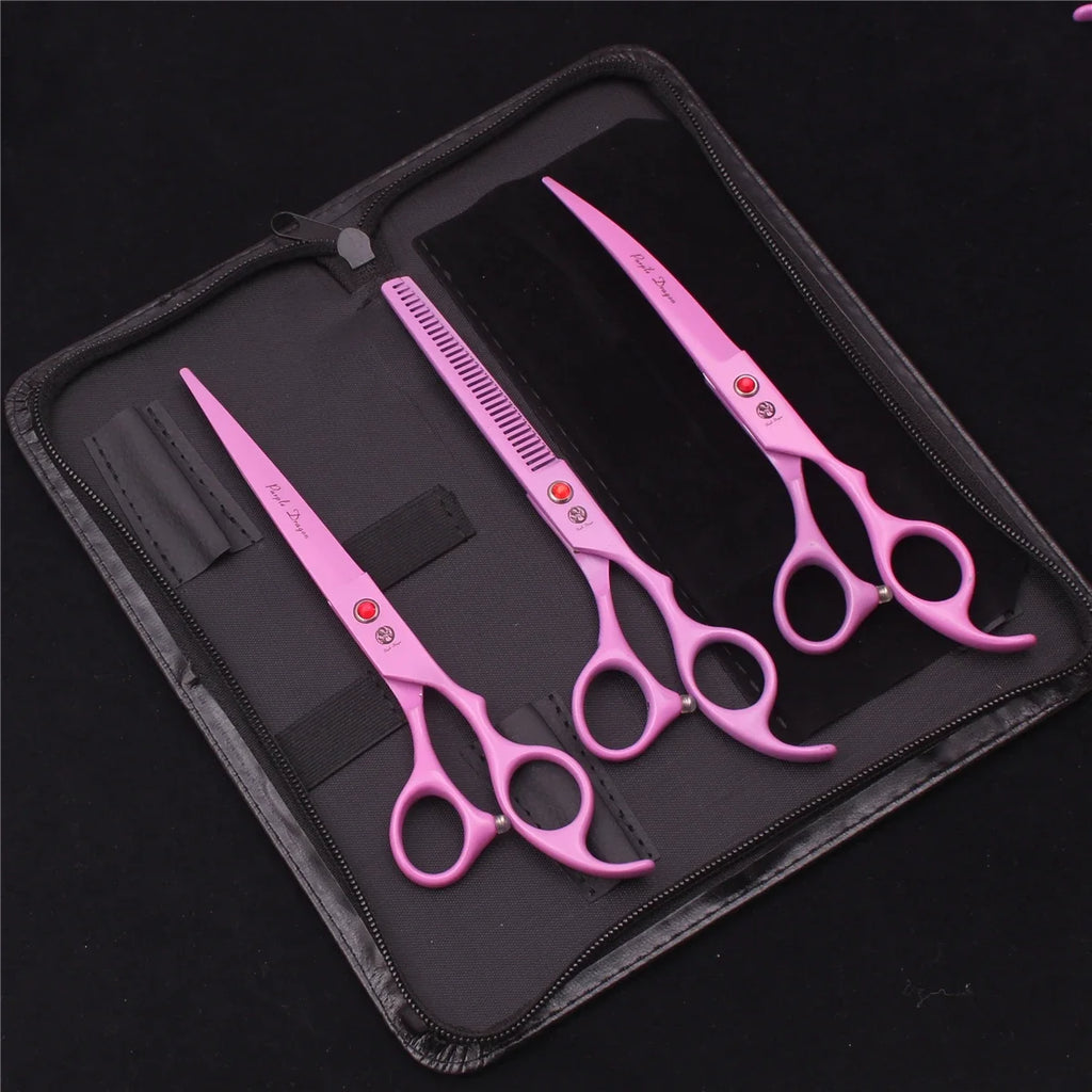 7-Inch (17.8 cm) Japanese 440C Pet Grooming Scissors Set — Straight 7 in, Curved 7 in, Thinning 6.5 in (16.5 cm) for Dog & Cat Grooming with Comb & Hemostatic Forceps