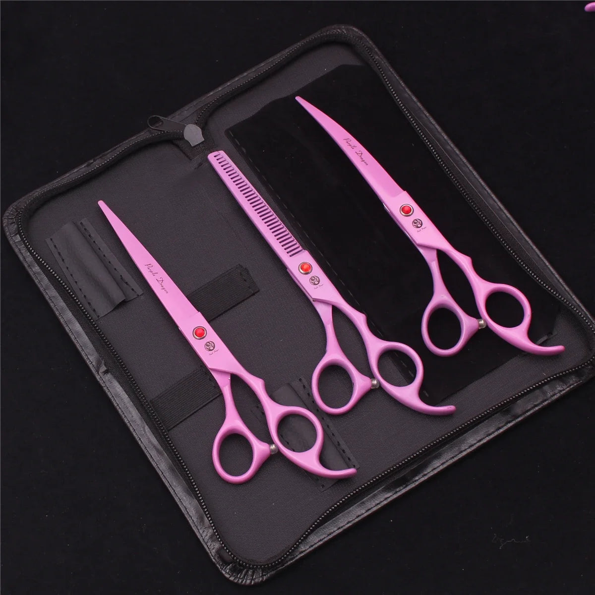 7-Inch (17.8 cm) Japanese 440C Pet Grooming Scissors Set — Straight 7 in, Curved 7 in, Thinning 6.5 in (16.5 cm) for Dog & Cat Grooming with Comb & Hemostatic Forceps