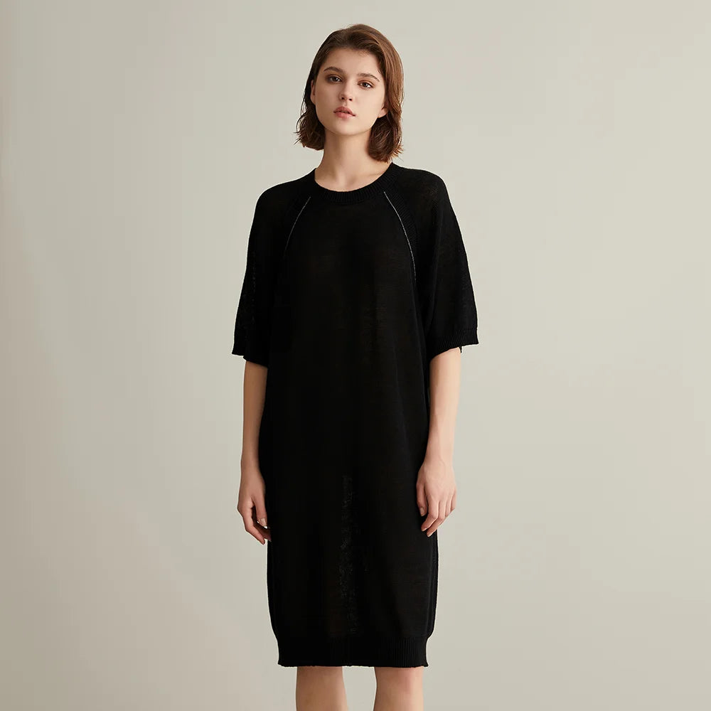 Luxury Women's Summer Linen Knit Dress – 100% Linen Loose Knee-Length O-Neck Casual Dress