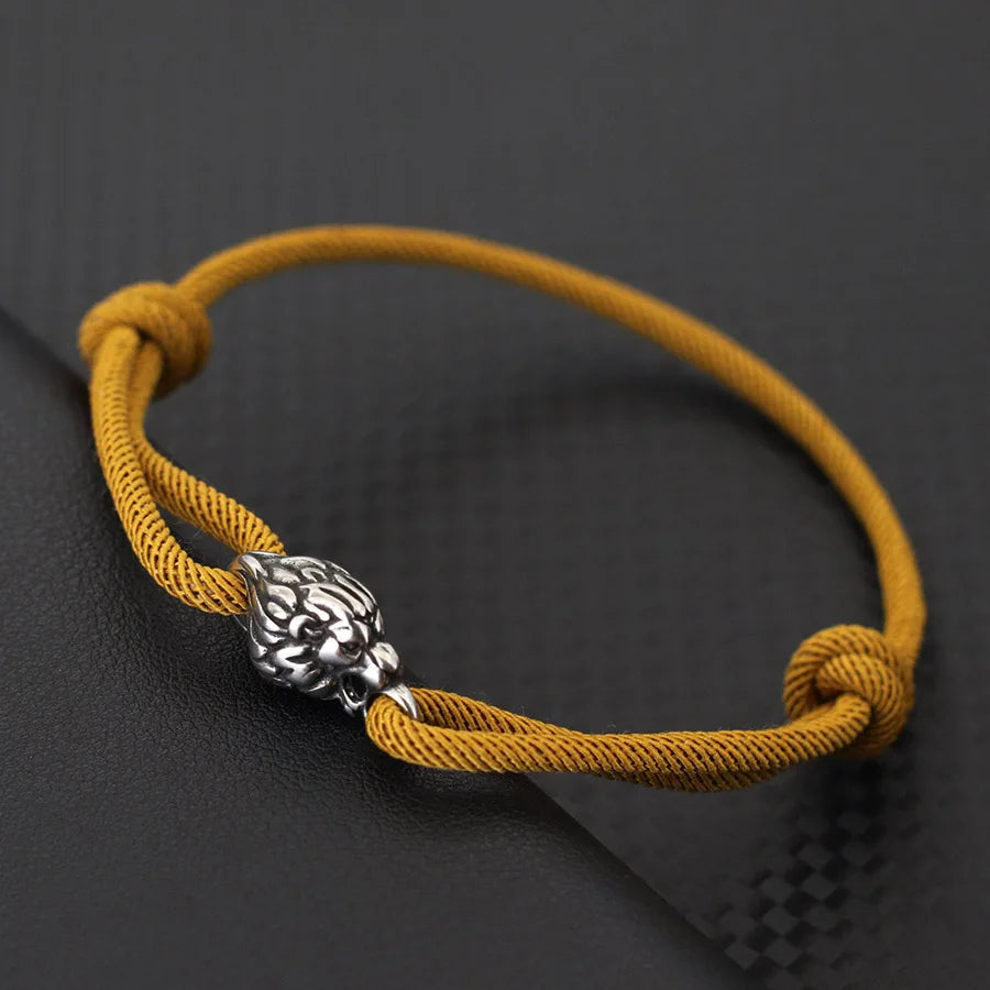 Gothic Lion Head Stainless Steel & Red String Bracelet - Handmade Adjustable Men's Punk Hip Hop Gift