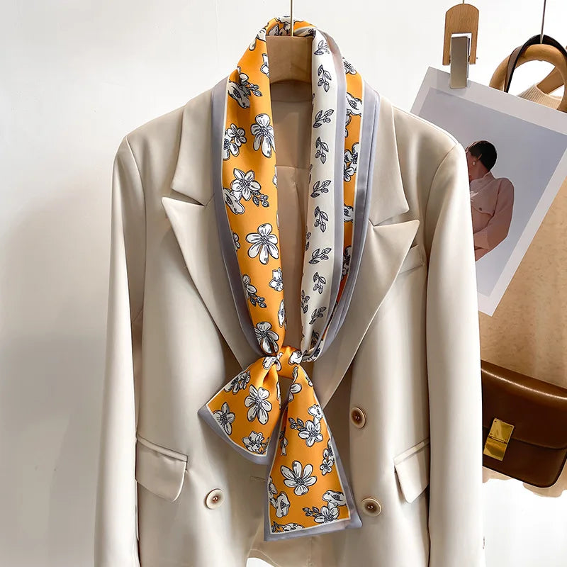 Women's Silk-Feel Printed Long Narrow Scarf 12 x 148 cm (4.7 x 58.3 in) - 50+ Colors | Headband & Shawl