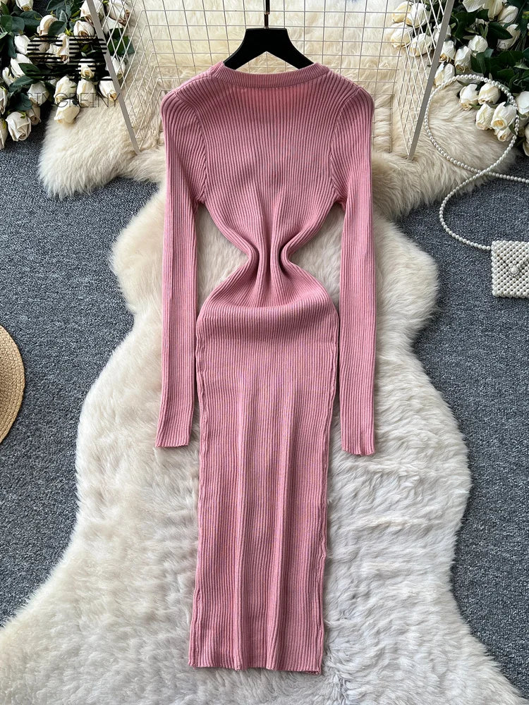 Women's Autumn Knit Bodycon Midi Dress - Long Sleeve Multicolor Pockets Slim French Office Style (One Size)