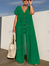 Women's V-Neck Single-Breasted Wide-Leg Jumpsuit with Pockets, Loose Oversized Office Casual