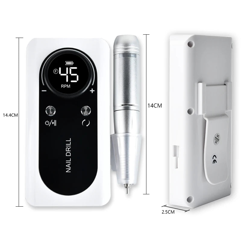 45000 RPM Rechargeable Electric Nail Drill Kit — Portable Nail File with LCD, 2600mAh Battery, 6 Bits & 6 Sanding Bands