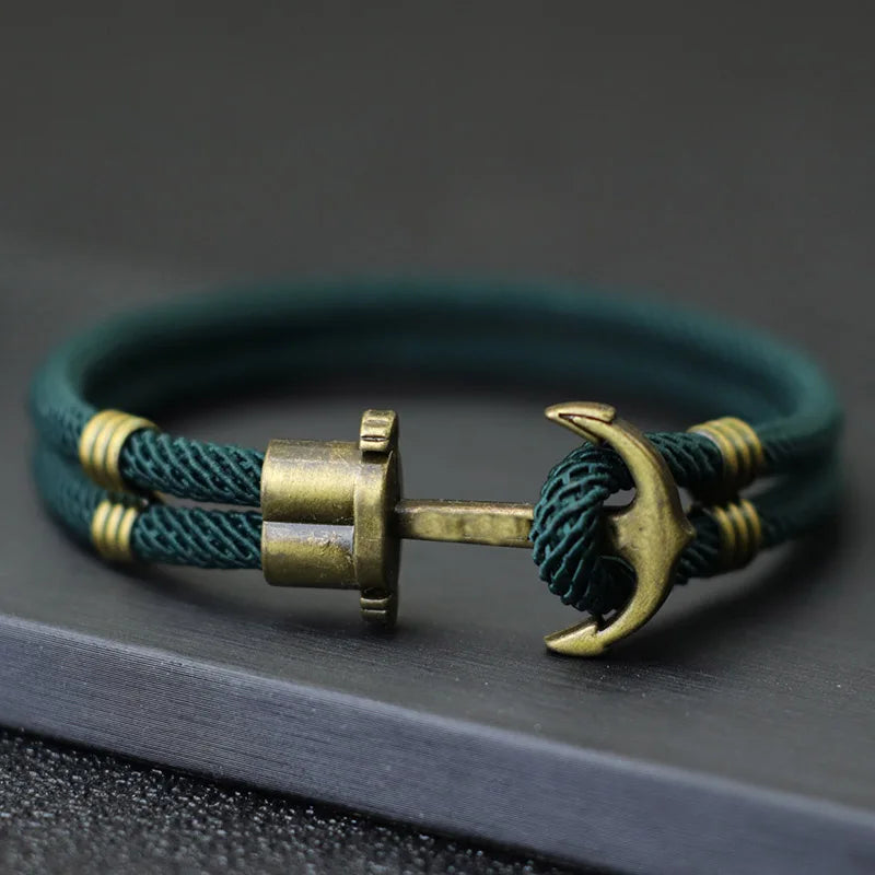 Men's Nautical Rope Bracelet with Anchor Charm - Bronze Bilayer 8.1 in (20.5 cm) Easy-Hook Surfer Bracelet