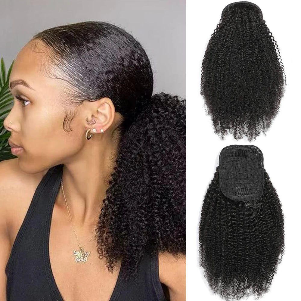 Afro Kinky Curly Drawstring Ponytail 10-24 Inch (25-61 cm) Brazilian Virgin Human Hair 4B/4C - Natural Black, 100g