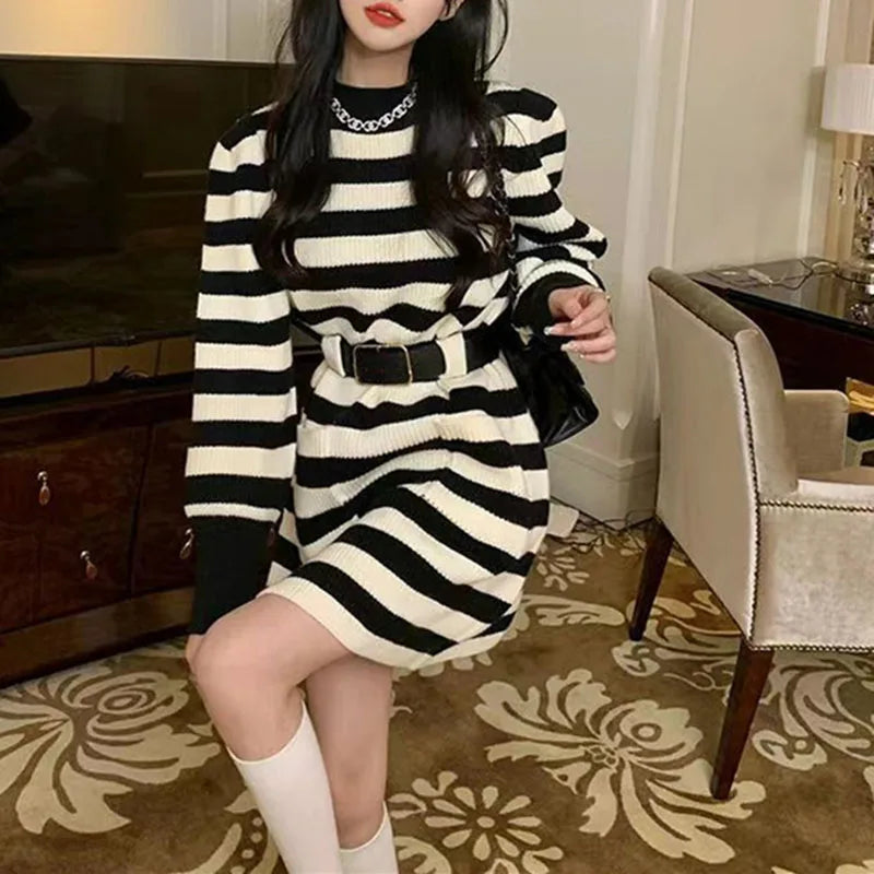 Autumn Winter Striped Knit Sweater Dress with Double Pockets, Korean Casual Loose Long Sleeve