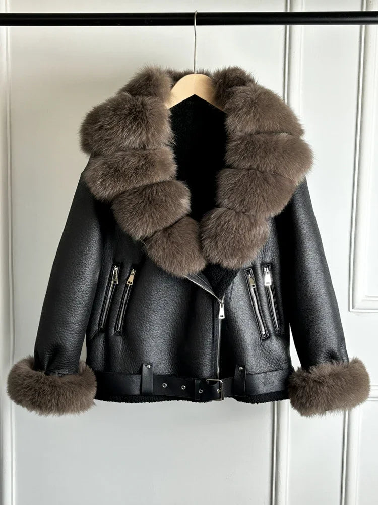 Women's Faux Leather Shearling Coat with Large Fox Fur Collar - Warm PU Moto Biker Jacket
