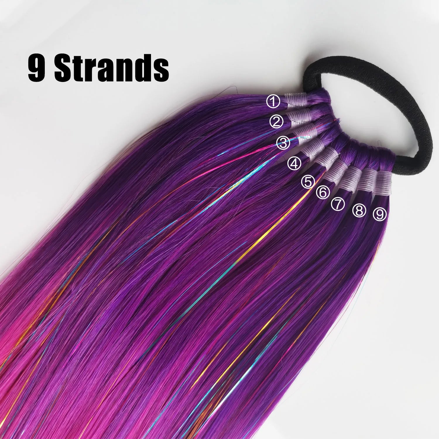 Purple Red Pink Ombre Tinsel Ponytail Extension with Elastic - 24in (60cm) 9-Strand Synthetic Hair for Girls, Crazy Hair Day