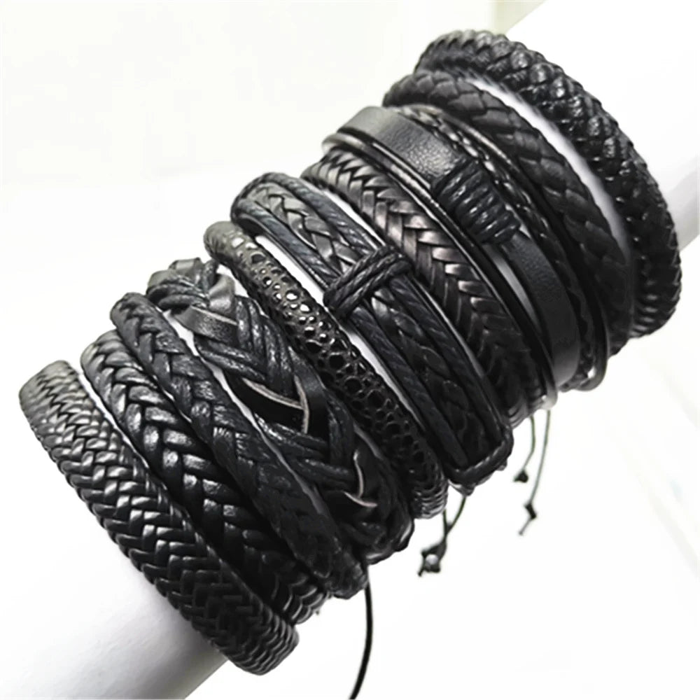 10-Pack Adjustable Black Woven Wrap Leather Bracelets – Handmade Unisex Rope Chain Lace-Up