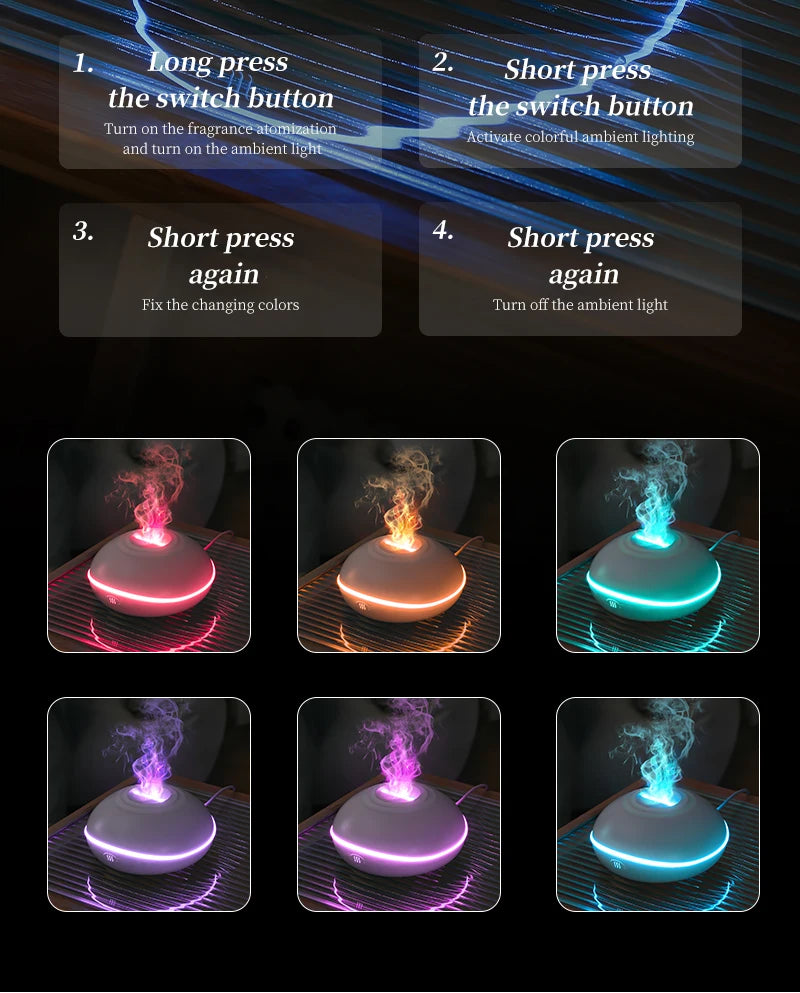 Portable 200ml (6.8 fl oz) USB Aroma Diffuser & Essential Oil Lamp — Mini Air Humidifier with Color Flame Night Light