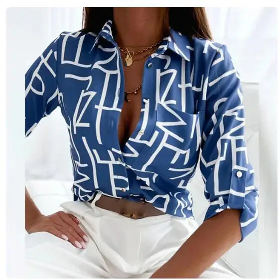Women's Long Sleeve Lapel Slim Printed Blouse - Casual Office Chic Multicolor