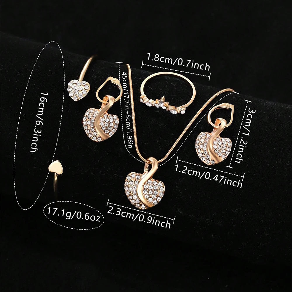 Women's Gold Quartz Watch & Rhinestone Jewelry Set - Ring, Necklace, Earrings