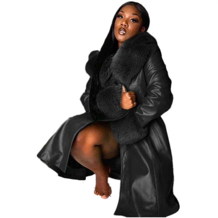 Women's PU Faux Leather Long Coat with Turn-Down Collar — Warm Casual Autumn Winter Jacket