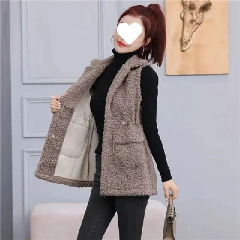 Women's Mid-Length Faux Sheepskin Vest - Faux Lambswool Fur Jacket with Integrated Shoulder Pads, Buttons & Pockets