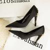 Women's Satin Pointed-Toe Stiletto Pumps with Metal Flower Detail — High Heel Wedding Shoes