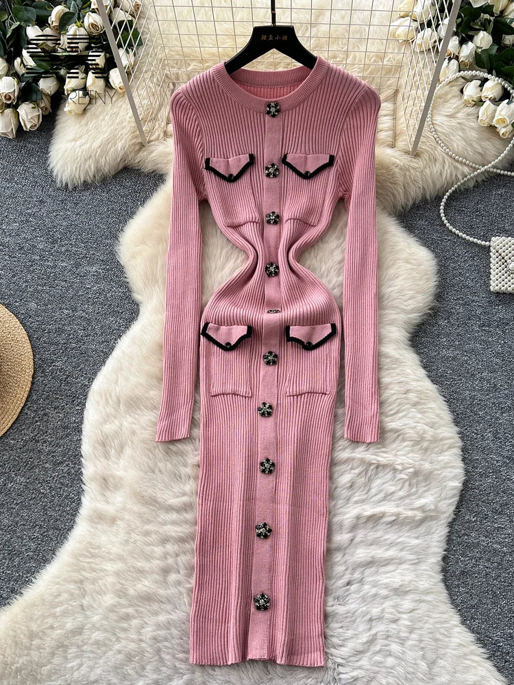 Women's Autumn Knit Bodycon Midi Dress - Long Sleeve Multicolor Pockets Slim French Office Style (One Size)