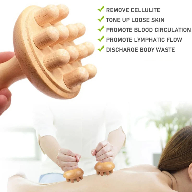Wooden Handheld Massage Roller and Gua Sha Tool – Full-Body Trigger Point Massager for Women & Men