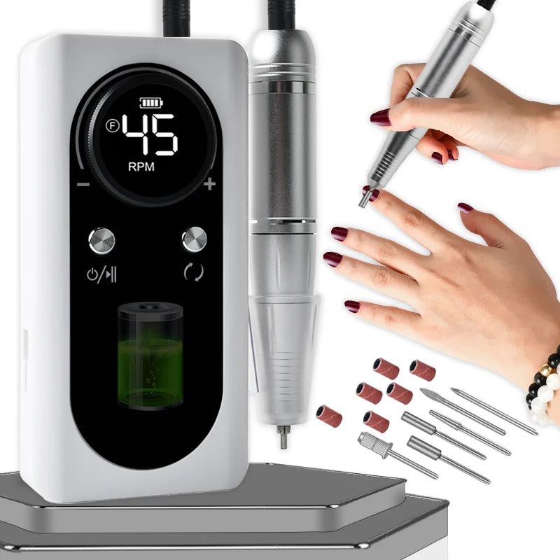 45000 RPM Rechargeable Electric Nail Drill Kit — Portable Nail File with LCD, 2600mAh Battery, 6 Bits & 6 Sanding Bands