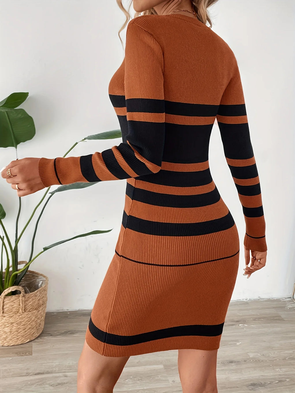 ITOOLIN Office Knit Striped A-Line Long-Sleeve Dress for Women – Slim Knee-Length Elegant Autumn/Winter