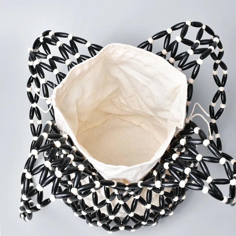 Handmade Woven Wooden Bead Tote – Boho Hollow-Out Bucket Shoulder Handbag for Women