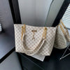 Textured Soft PU Leather Plaid Large Capacity Shoulder Tote Bag for Women with Tassel Accessory